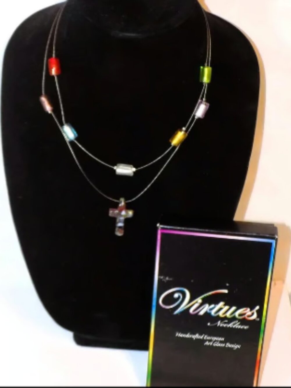New Virtues Handcrafted European Art Glass Cross Faith Wire Necklace